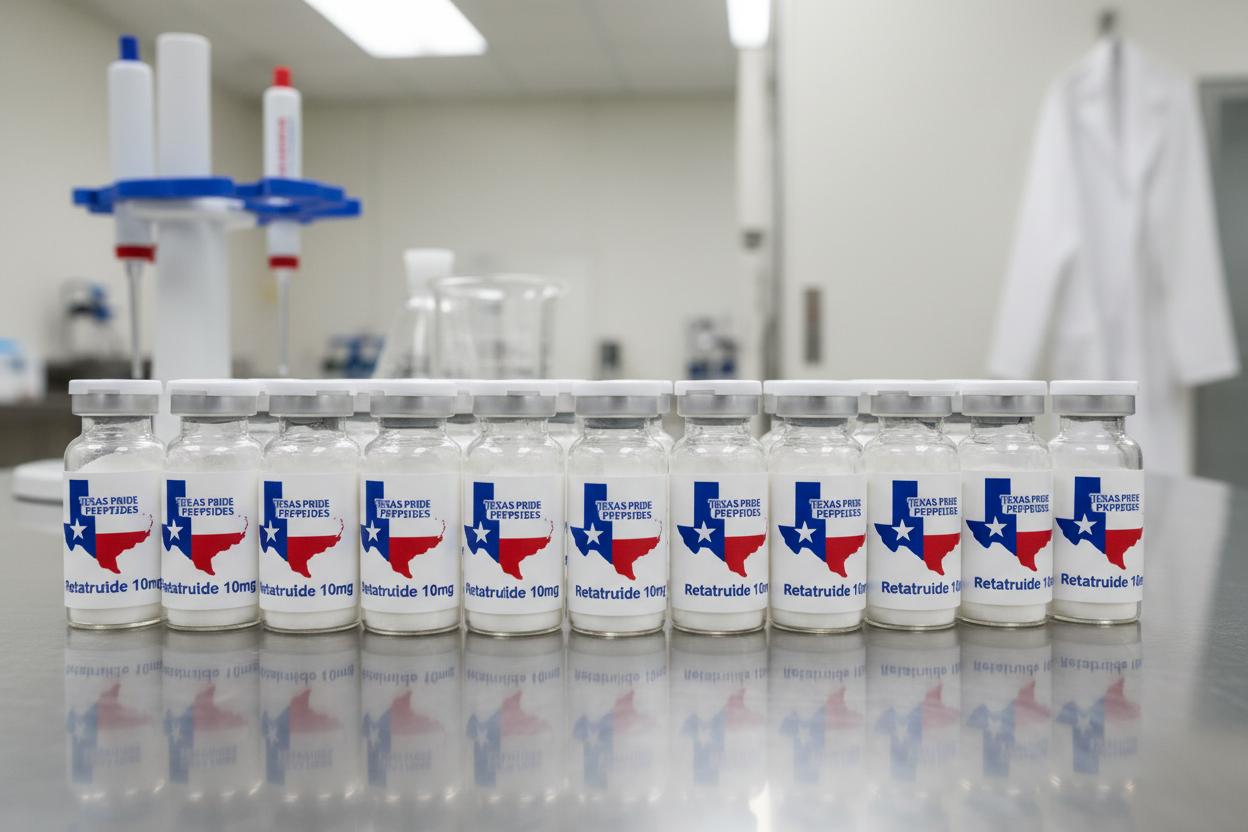 i want an image of a 10mg kit of retatrutide with texas pride peptide branding on all vials